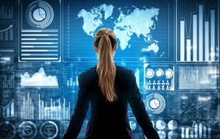woman looking at world map